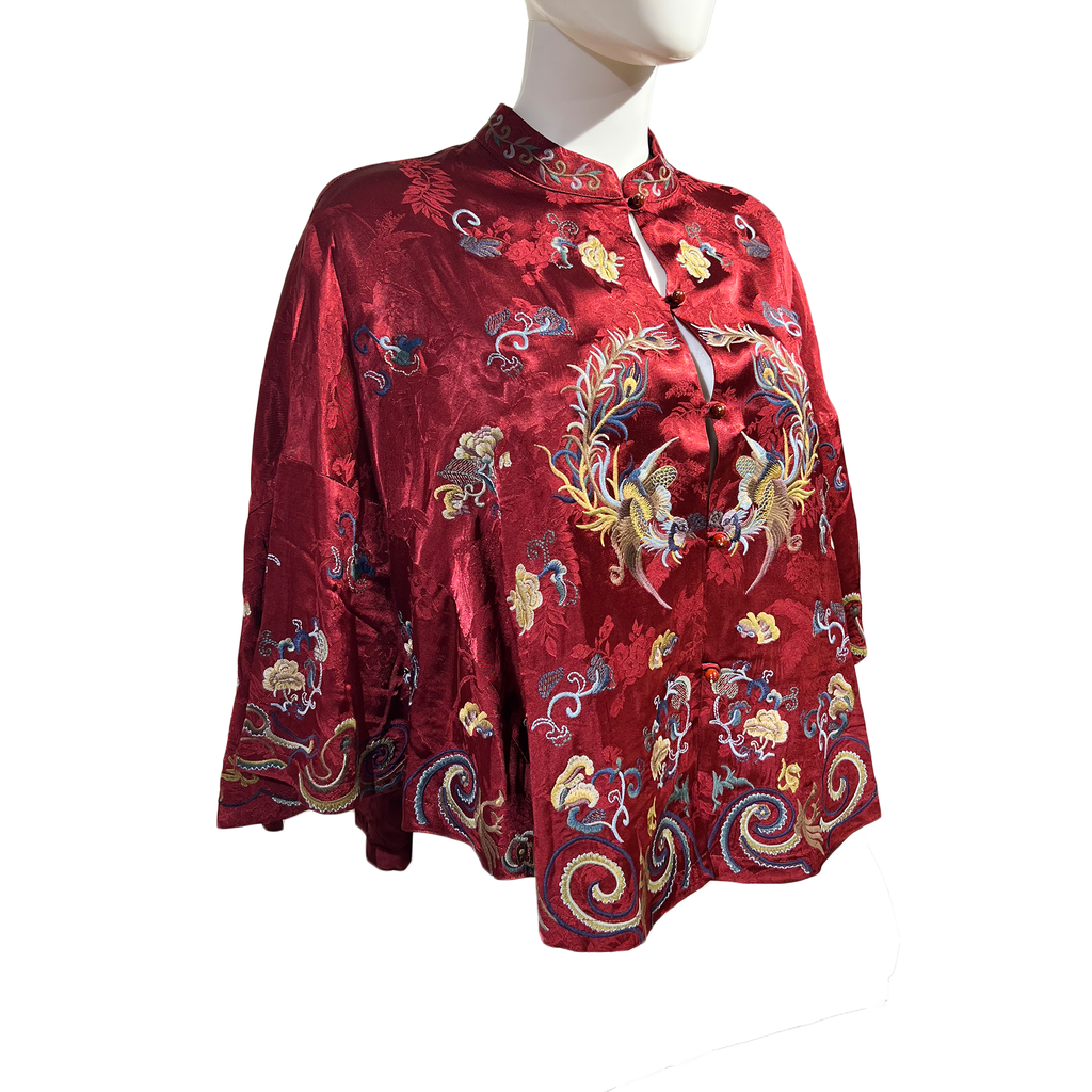 Embroidered Cape with Floral and Phoenix Pattern - Ruby