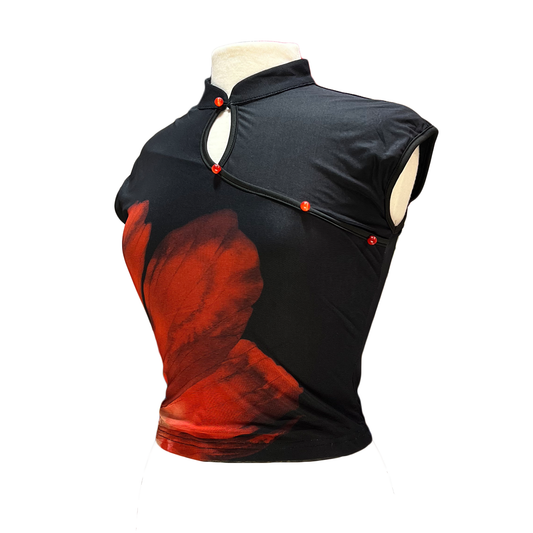 Mesh Qipao Top with Cap Sleeves and Red Petals - Onyx