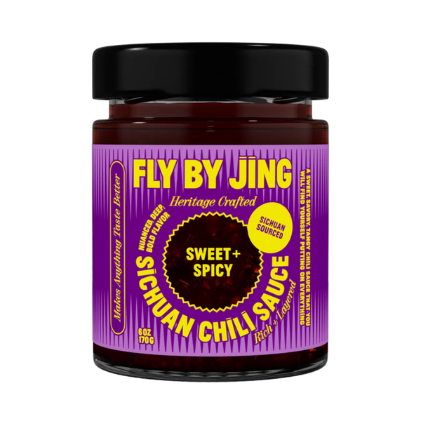 Jar of Fly By Jing Sweet + Spicy Sichuan Chili Sauce on a white background