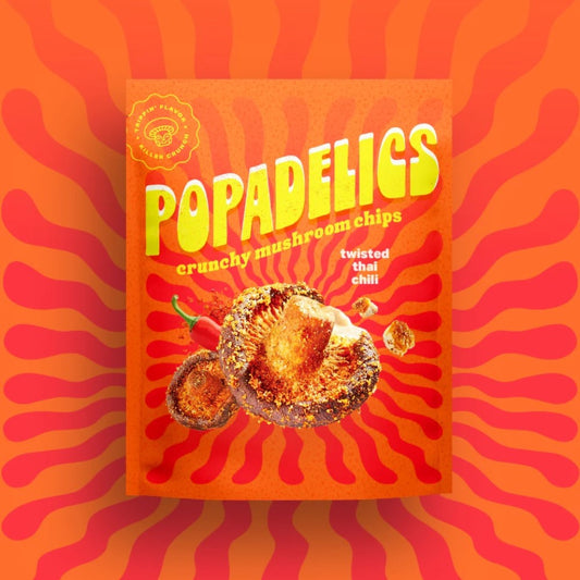 Popadelics Twisted Thai Chili Mushroom Chips bag