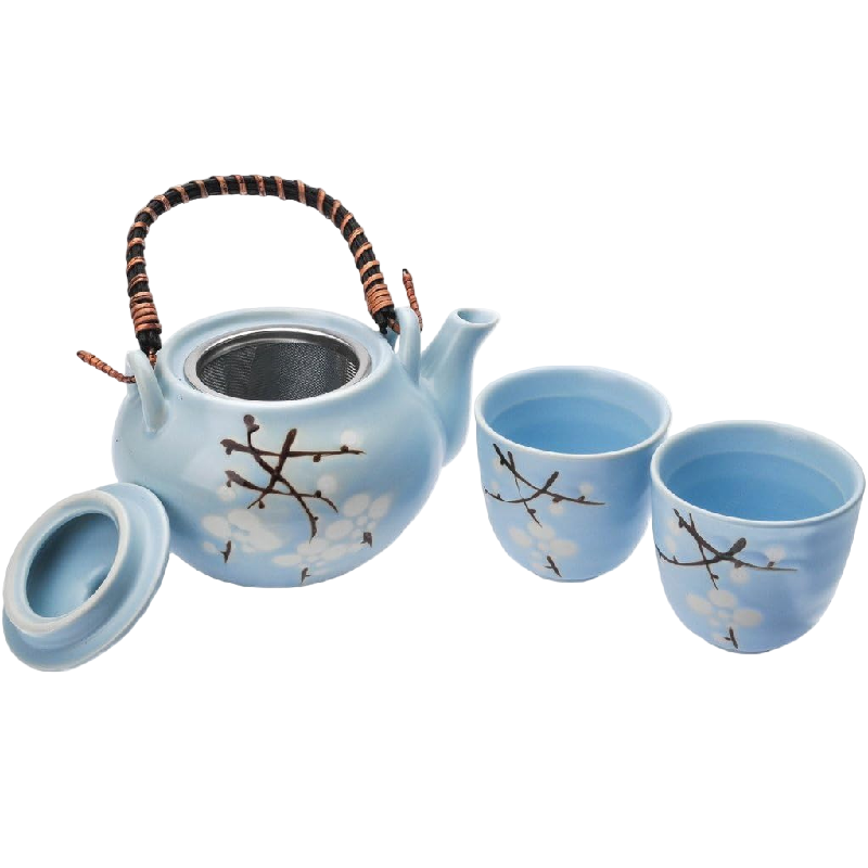 Sky Blue Ceramic Tea Set with Blossom Design