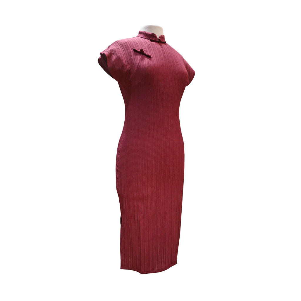 Flutter Sleeve Ribbed Qipao - Burgundy