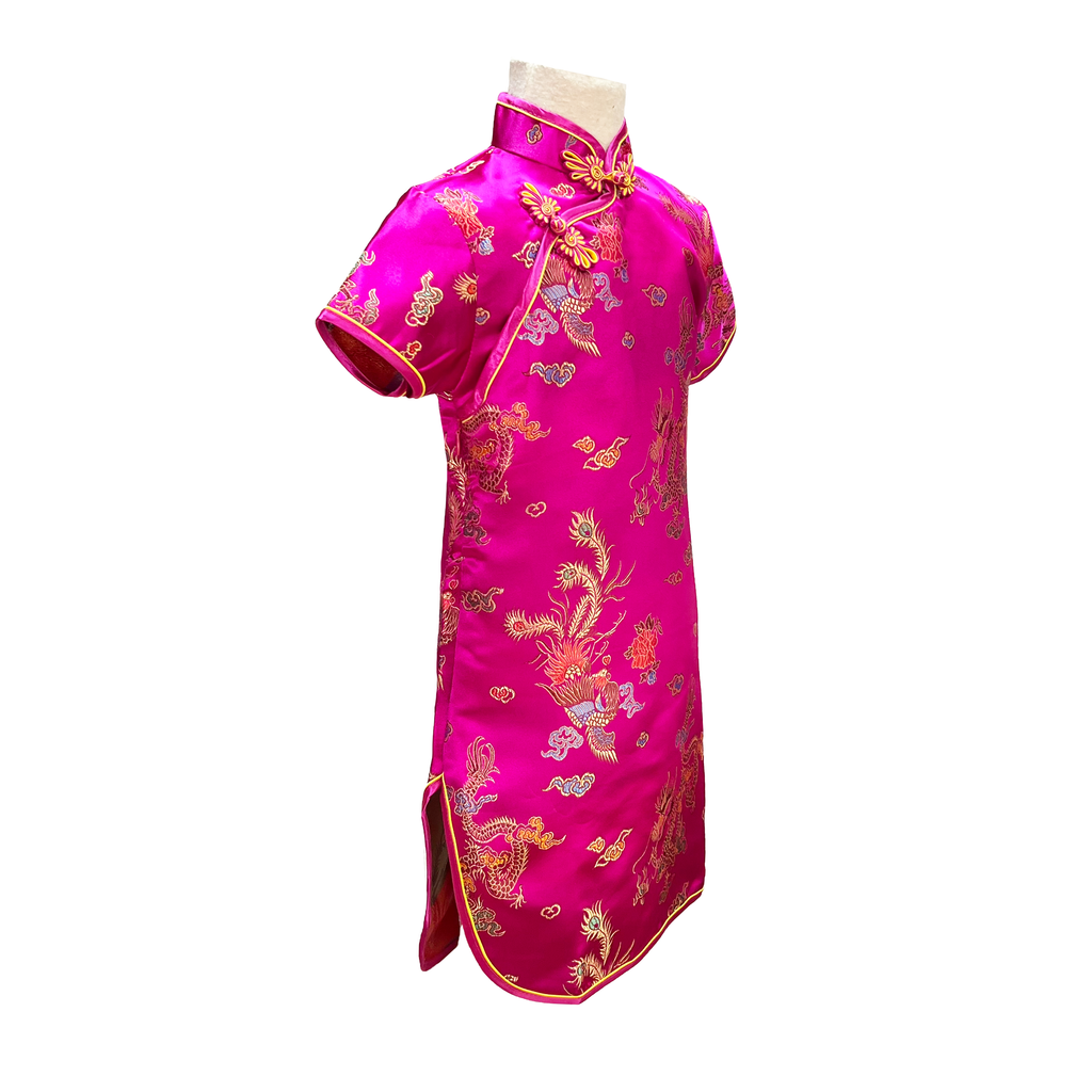Fuchsia Dragon Phoenix Short Sleeve Brocade Girls Dress