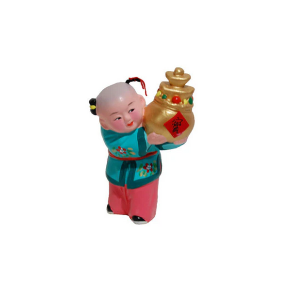 Hand Painted Clay Figurine. Girl holding prosperity jar