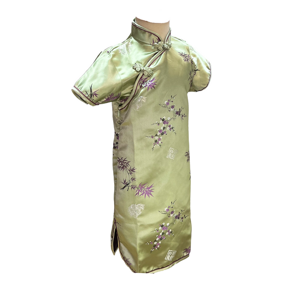 Green Short Sleeve Brocade Girls Dress with Bamboo Floral Pattern
