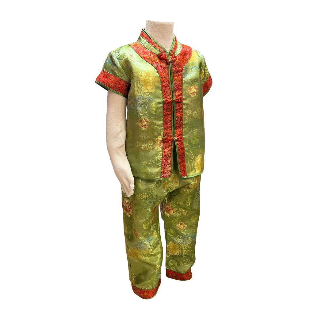 Green Double Floral Brocade Kids Outfit