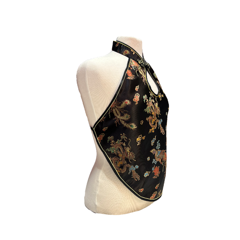 Brocade Apron Halter Top - Black with Dragon and Phoenix