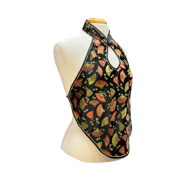Black halter top with colorful fan pattern on a mannequin against a white background
