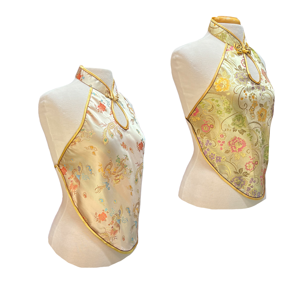 Brocade Apron Halter Top - Gold with Flowers