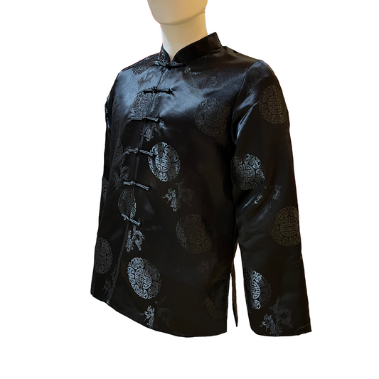 Black traditional jacket with intricate patterns on a white background