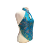 Blue halter top with floral patterns on a mannequin against a white background
