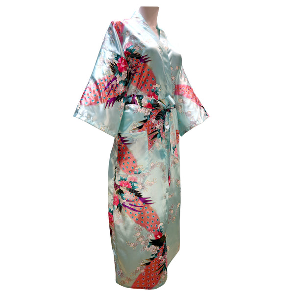 light blue Ankle-Length Robe Peacock Print 