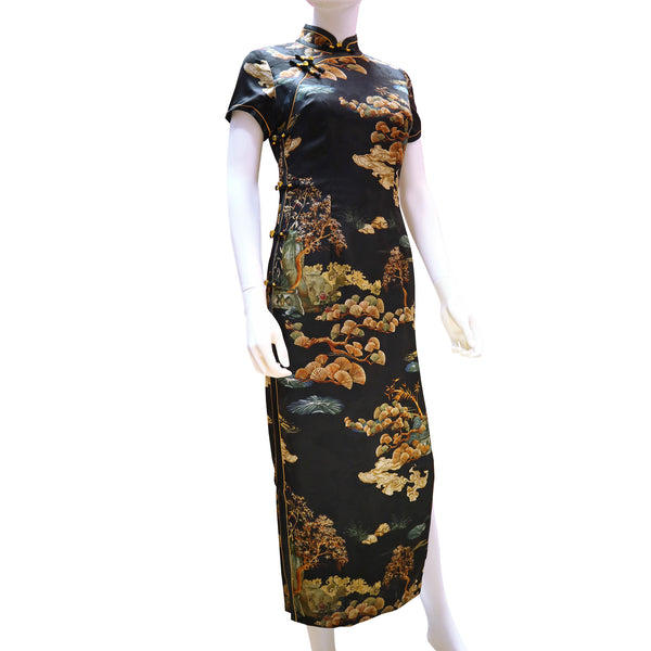 Short Sleeve Qipao - Black with Landscape Design