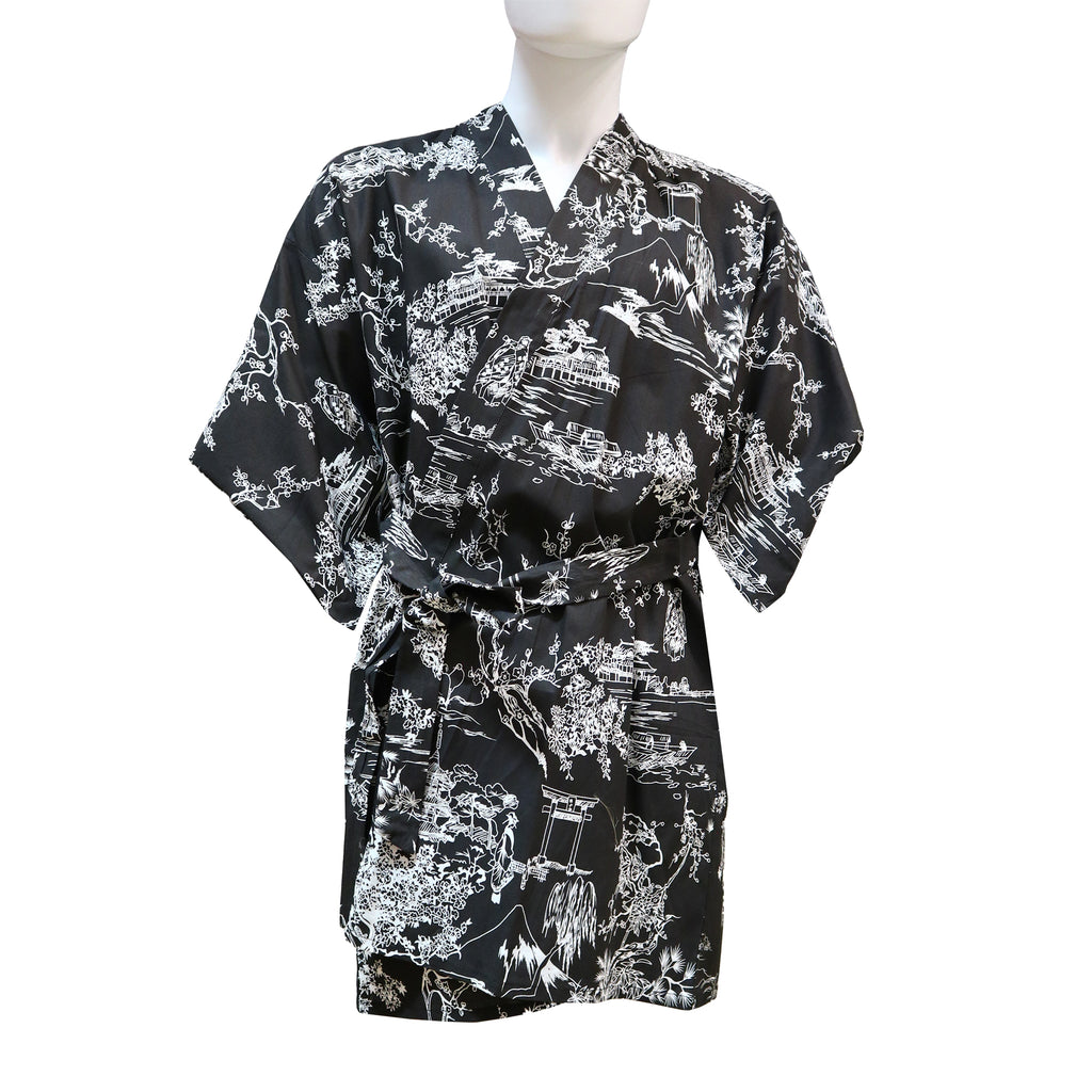 Short Cotton Kimono Robe with White Chinese Garden Pattern - Black