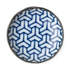 Round ceramic plate with blue and white geometric pattern on a white background