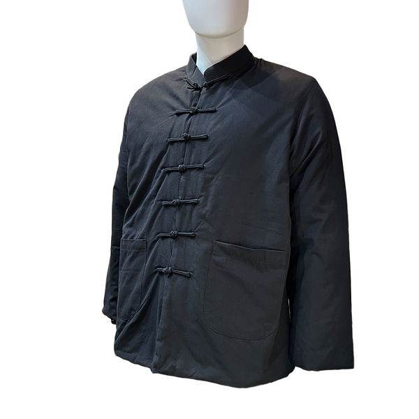 Black traditional jacket on a mannequin against a white background