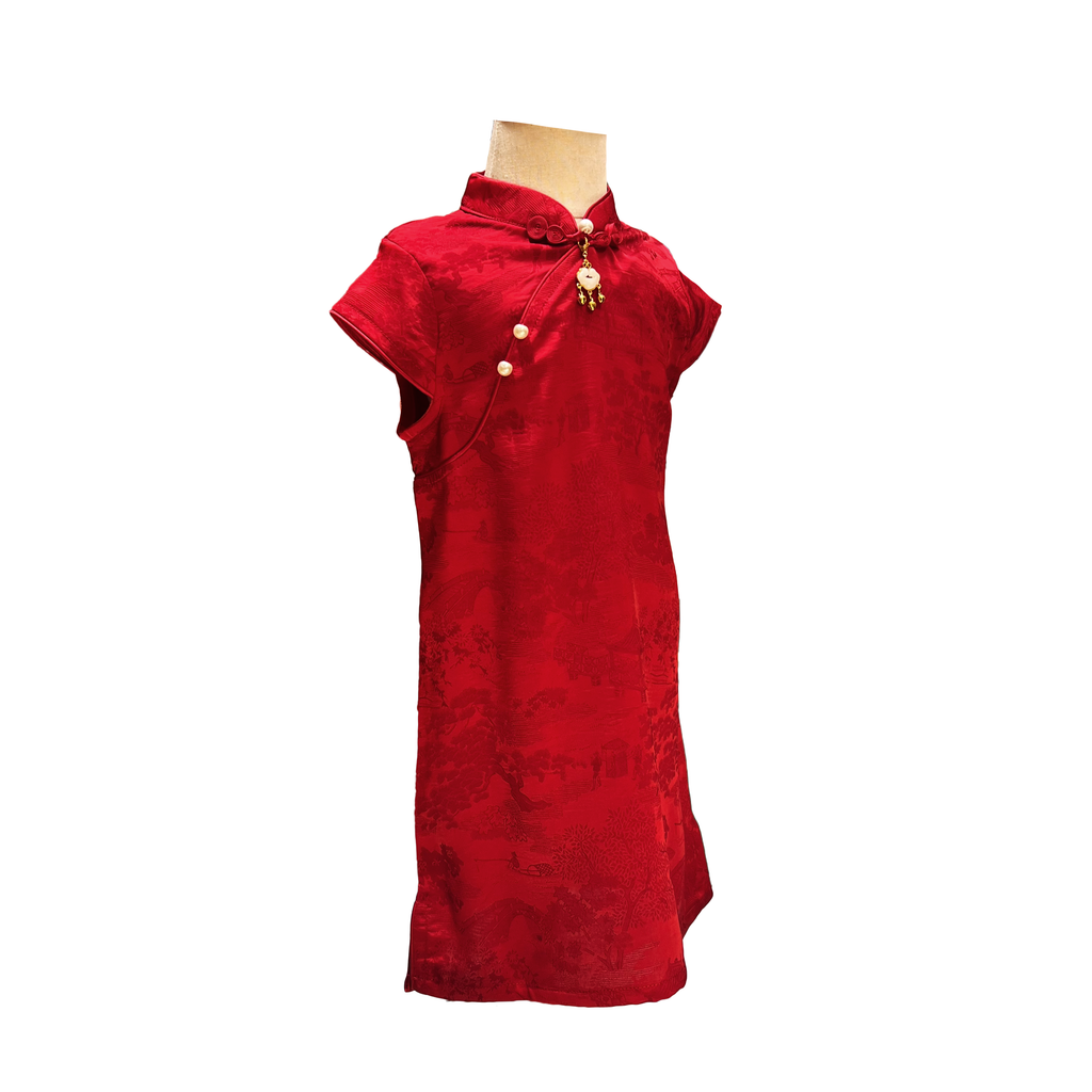 Girls Cap-Sleeve Ruby Dragon Print Qipao