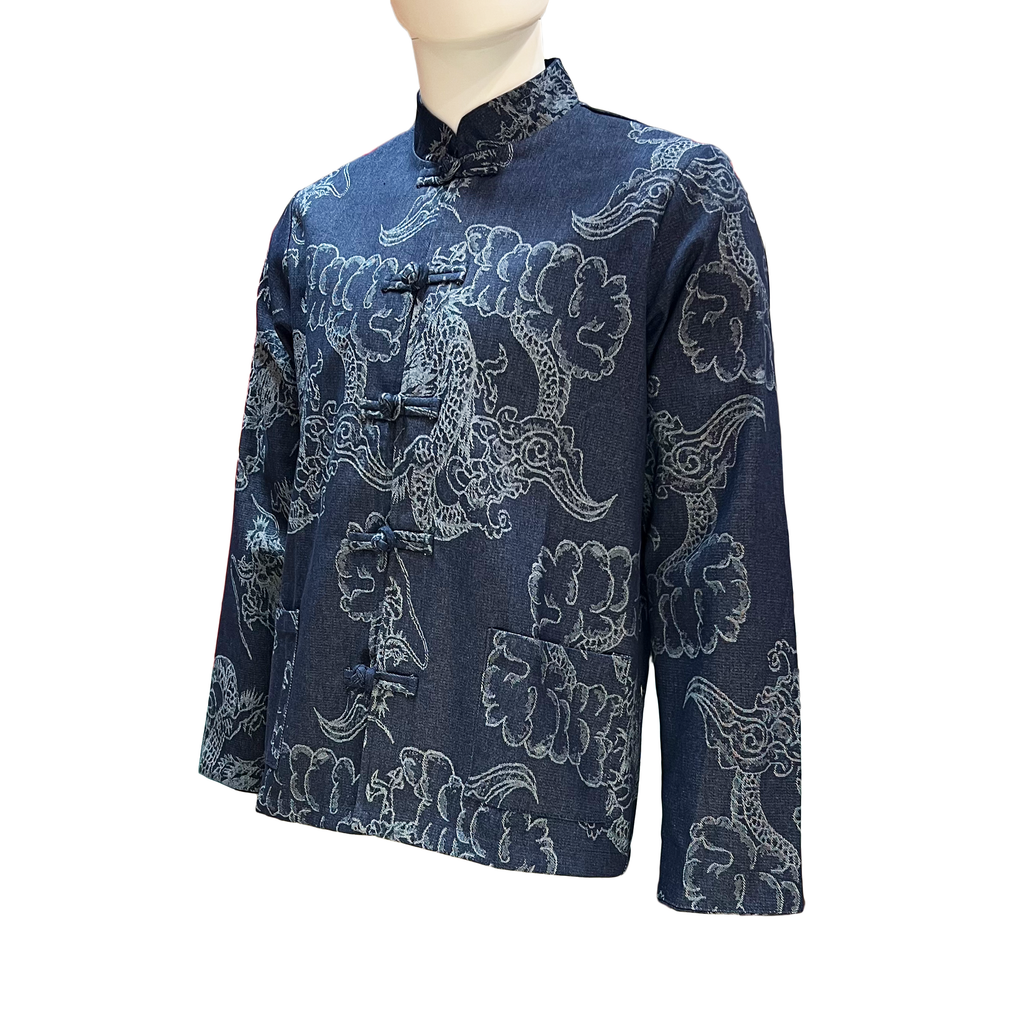 Oversized Dark Blue Dragon Print Denim Jacket