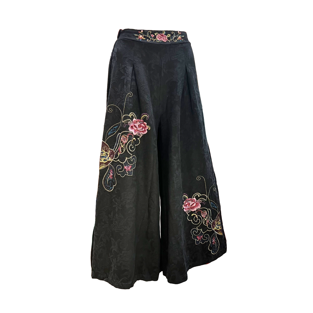 Wide-Leg Onyx Cotton Embroidered Floral Pants