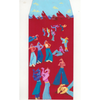 Colorful envelope with dancing figures on a red background