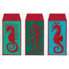 Three envelopes with red seahorse designs on teal backgrounds