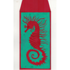 Red seahorse design on a green background with red border