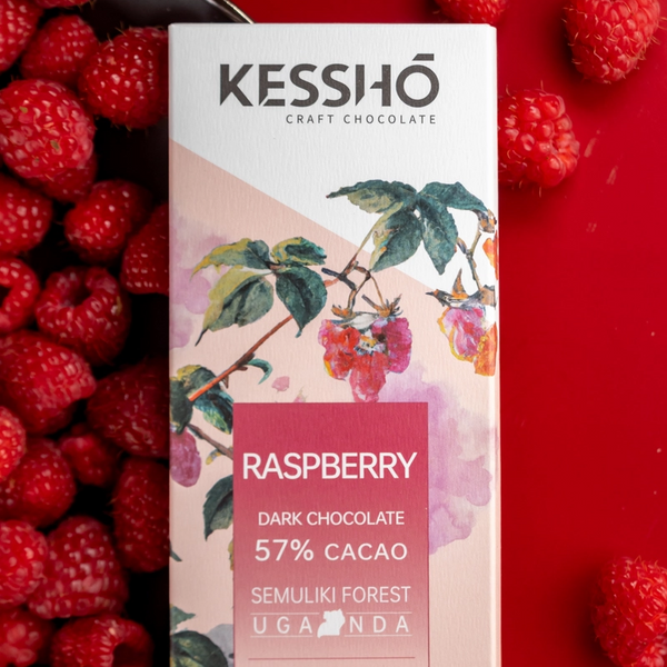 Kesshö raspberry dark chocolate packaging with raspberries in the background