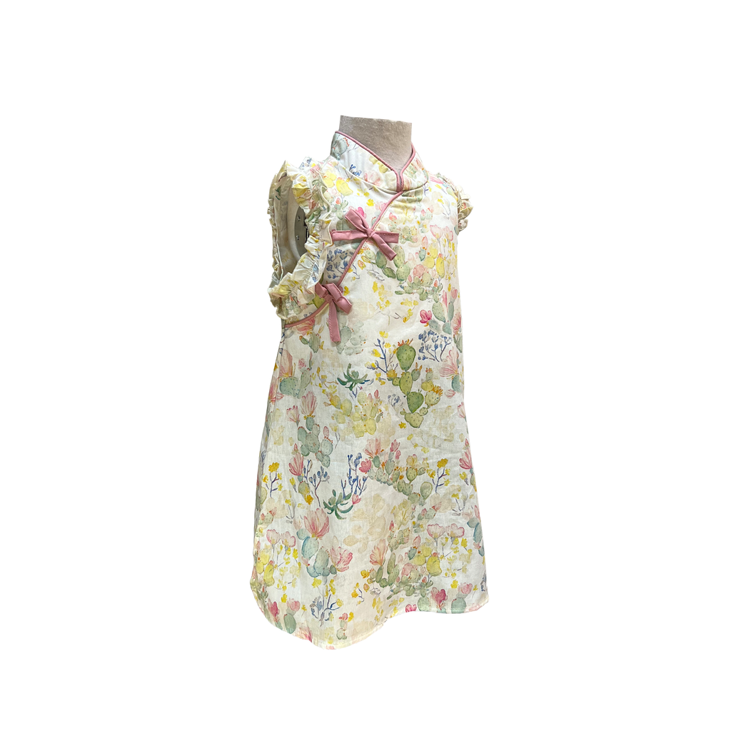 Girls Qipao with Flutter Sleeves and Cactus Print