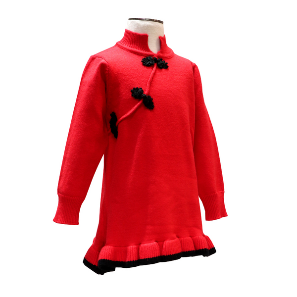 Girls Knitted Flutter Qipao ruby red