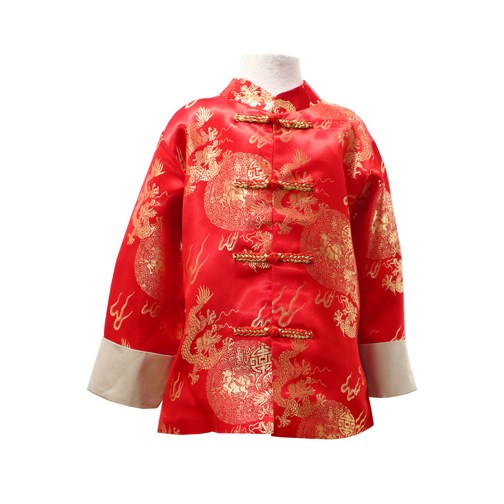 Kids Brocade Tang Jacket with Gold Dragon Design - Red