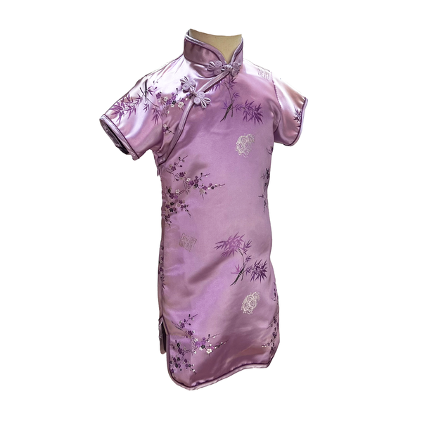 Lavender Short Sleeve Brocade Girls Dress with Bamboo Floral Pattern