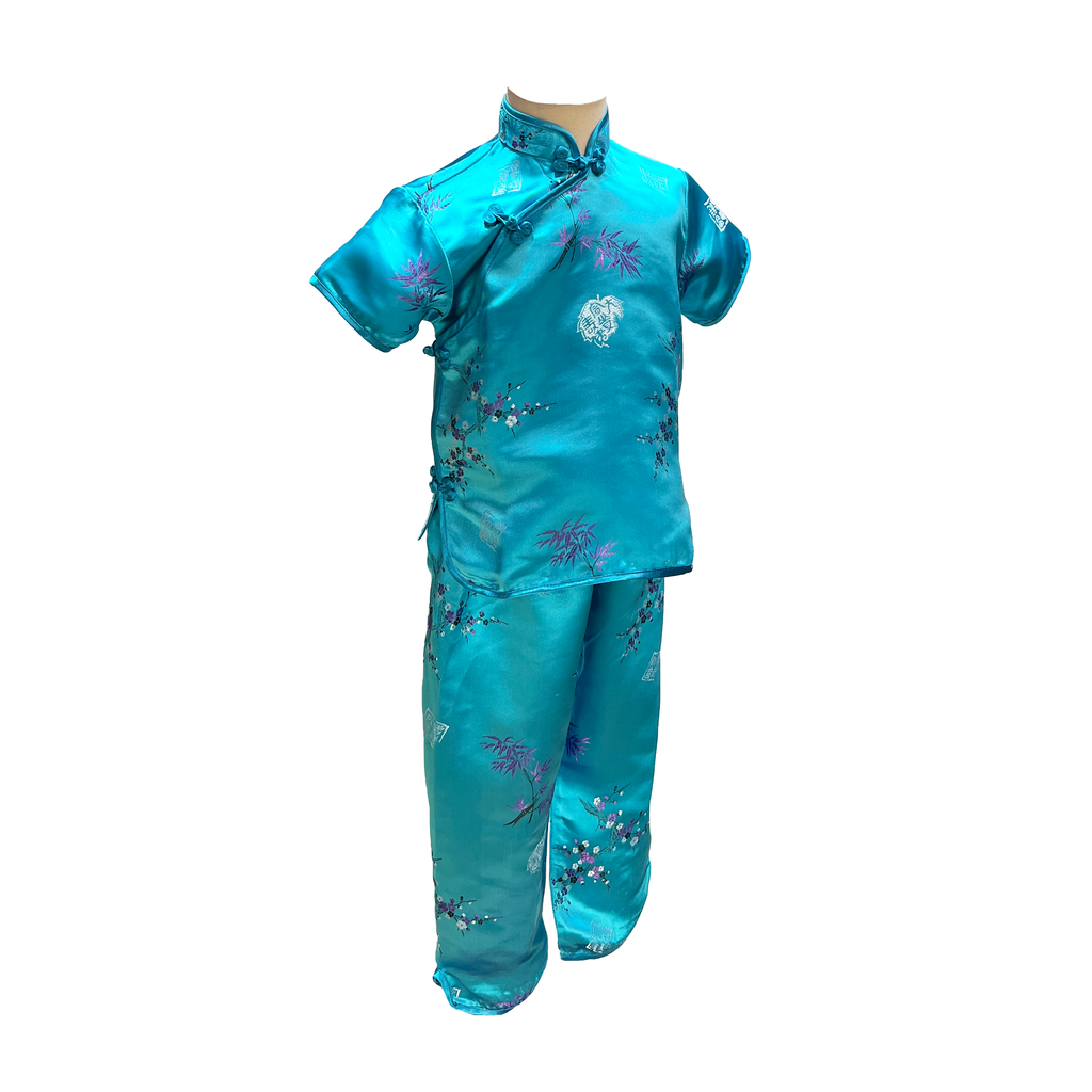 Turquoise Bamboo Floral Brocade Kids Outfit