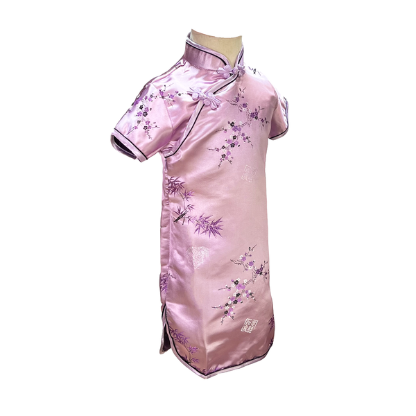 Lilac Short Sleeve Brocade Girls Dress with Bamboo Floral Pattern