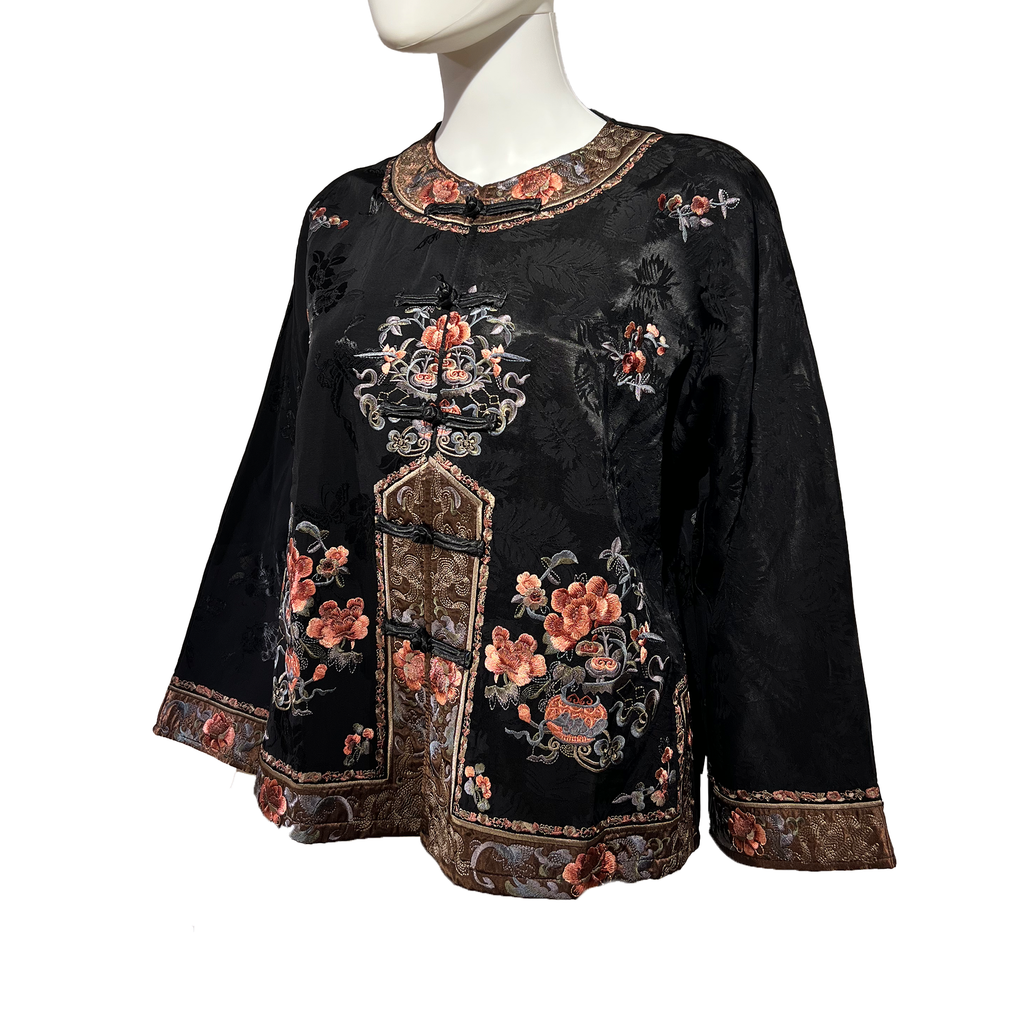 Embroidered Tang Jacket with Floral Pattern - Onyx
