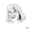 Black and white line drawing of a person with glasses and a smile.