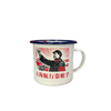Mug with a graphic of a person and text on a white background