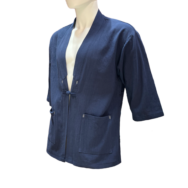 Navy blue jacket on a mannequin against a white background