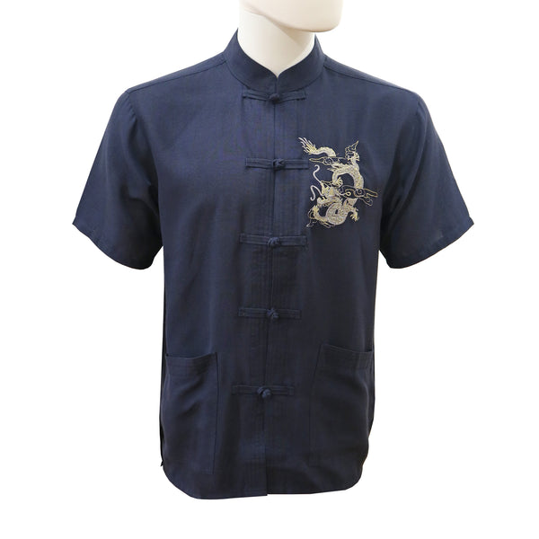 Linen Short-Sleeve Shirt with Dragon Design - Navy