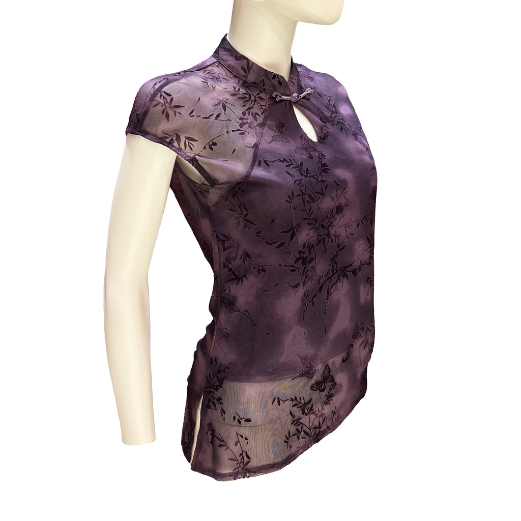Asymmetrical Mesh Qipao Top - Purple