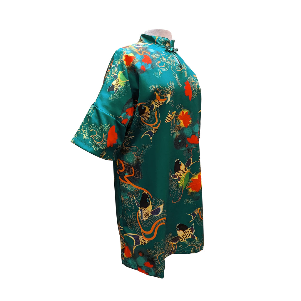 Mid-Sleeve A Line Qipao - Green with Koi