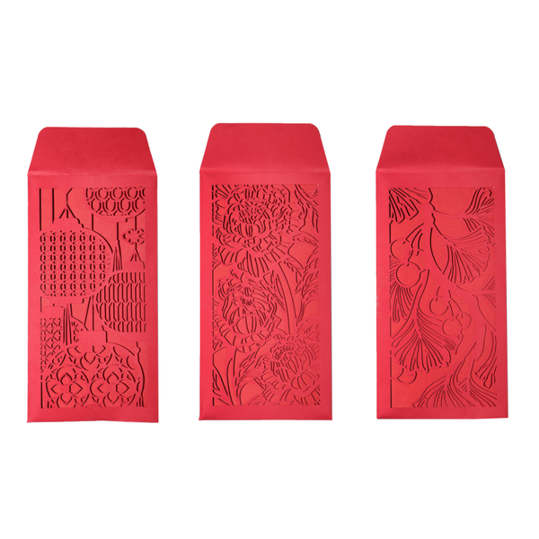 Three red envelopes with black geometric patterns on a white background