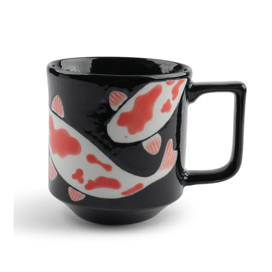 Black ceramic mug featuring a design of swimming koi fish with red and white patterns. The handle is square-shaped, adding a modern touch.