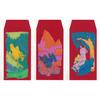 Three red envelopes with colorful artistic designs on a white background