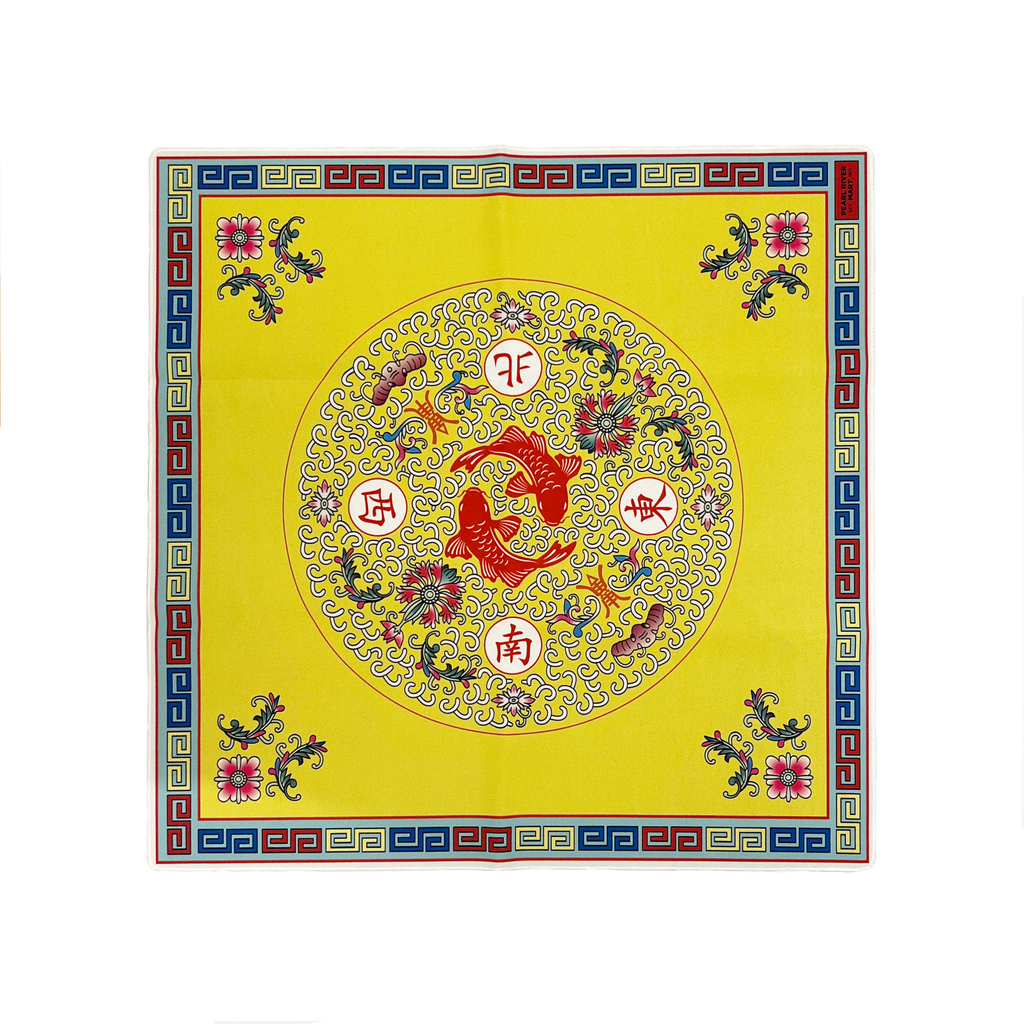 Lime Green Mahjong Mat with Red Double Fish, Bats, and Flowers