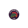 Purple pin with wording and colorful fans