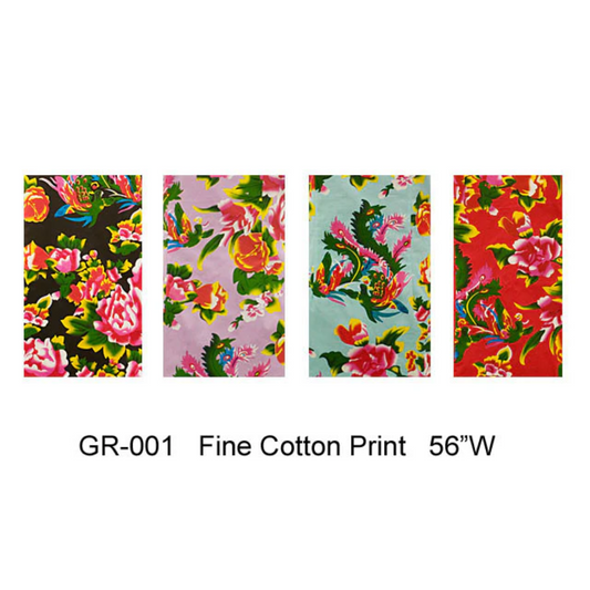 Peony Phoenix Print Cotton Fabric 56"W in 4 colors. From left to right: black, lilac, light blue, and red