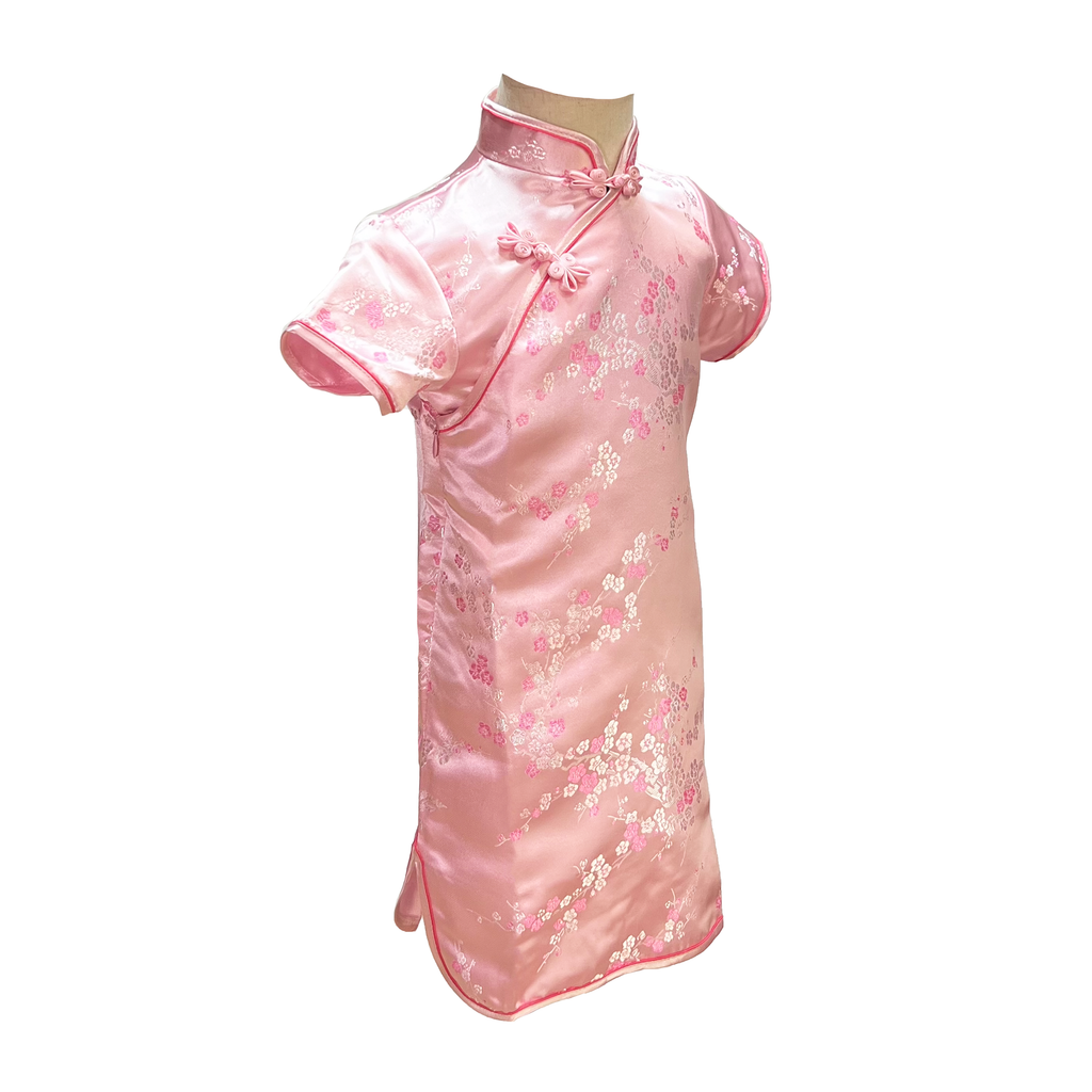 Pink Blossom Short Sleeve Brocade Girls Dress