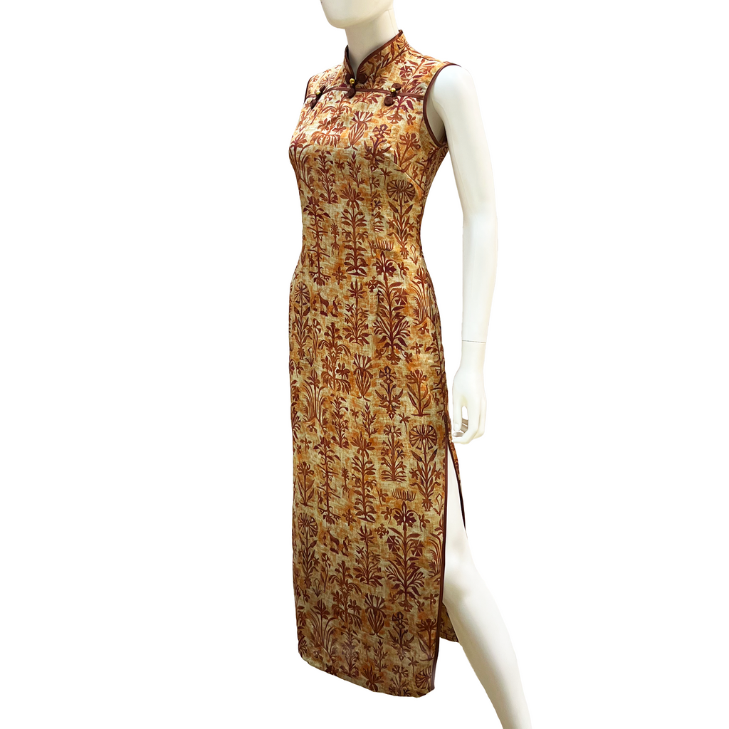 Sleeveless Ankle-Length Qipao with Printed Floral Pattern - Burnt Orange