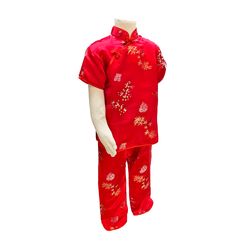 Red Bamboo Floral Brocade Kids Outfit