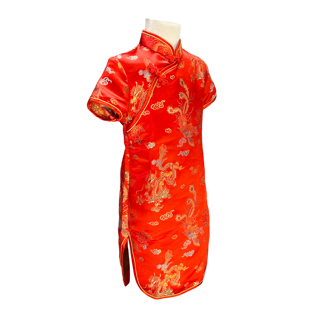 Red Dragon Phoenix Short Sleeve Brocade Girls Dress